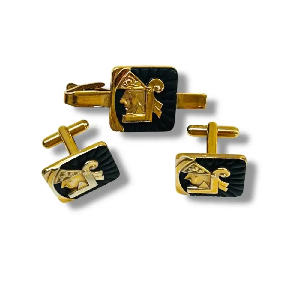 Vintage Set of Cufflinks and Tie Bar Clip Goldtone Black Enameled